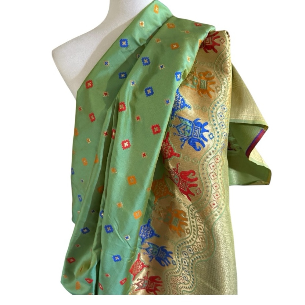 Green and Gold Embroidered Sari with coordinating material for a Choli